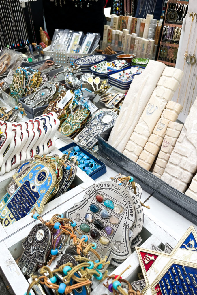 Judaica on display and Machane Yehudah Market in Jerusalem