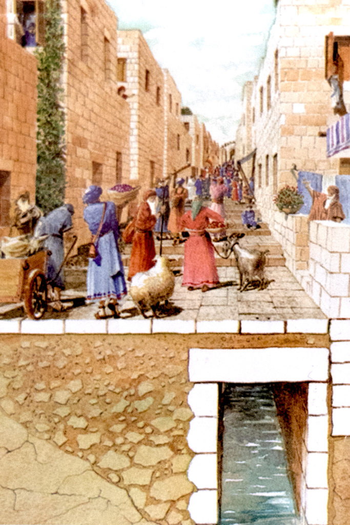 Depiction of the Pilgrim Path and the drainage tunnel beneath it in the City of David 